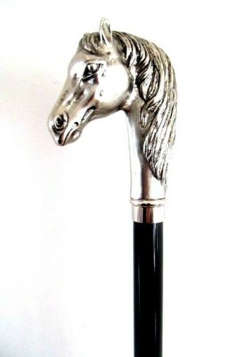 Collectable Nickel Silver Horse Head Walking Stick On Black Hardwood Formal Cane