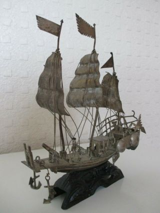 Fine Signed Antique Chinese Oriental Export Silver Junk Ship On Stand