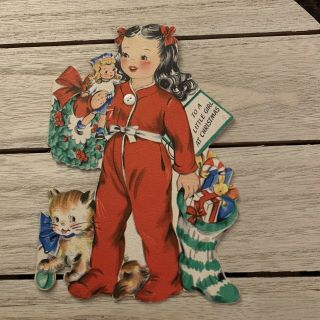 Vintage Greeting Card Christmas Cute Girl Pj’s Cat Doll Hallmark