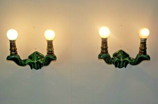 Stunning Rare Pair French Antique Art Deco 2 Arm Green Ceramic Wall Sconces 1596