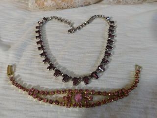 Set Of 2 Vintage Purple Crystal Rhinestone Necklace And Pink Bracelet Set