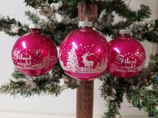 3 Vintage Shiny Brite Stencil Glass Ornaments Pink Silent Night Church/deer
