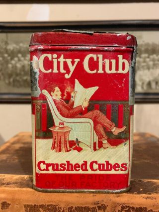Antique 1910 City Club Crushed Cubes Tobacco Tin,  Burleytobacco Co.