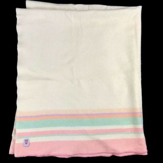 Vintage Mossfield Pink Striped All Pure Wool Blanket Pastel Colors 44 " X72 "