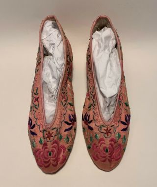 Antique Vintage Chinese Embroidered Floral Silk (?) Shoes Leather,  Never Worn