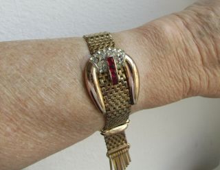 Unusual Vintage Kreisler Goldtone Mesh Bracelet W/rhinestone Buckle Decoration