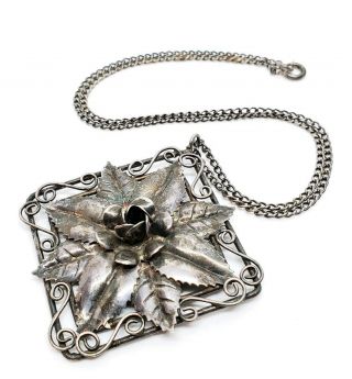 Antique Art Nouveau Sterling Silver Repousse Floral Filigree Pendant Necklace