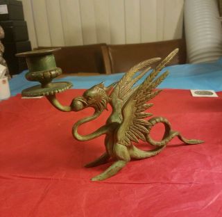 Vintage Solid Brass Dragon Candle Stick Holder W Drip Guard - Unique Cool