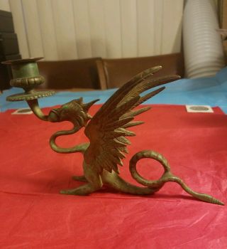 Vintage Solid Brass Dragon Candle Stick Holder w Drip Guard - Unique Cool 2