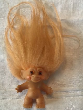 Vintage 1980’s Thomas Dam 2.  5” Troll Doll Orange Hair Amber Eyes Naked