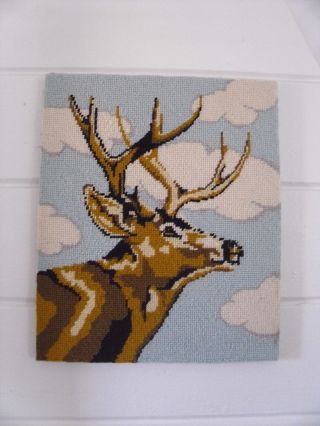 Vintage Hand Embroidered Picture Of A Stag W Blue Sky & Clouds 12x10 Cabin Gift