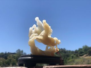 Carved White Jade Two Running Horses Rare Statue On Wooden Base