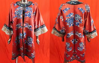 Antique Chinese Cinnabar Silk Forbidden Stitch Embroidered Peony Butterfly Robe