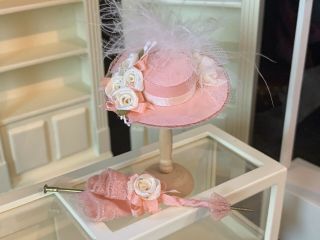 Vintage Miniature Dollhouse Artisan Made Silk Victorian Hat Feathers Parasol