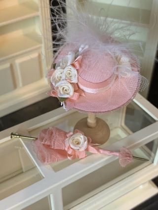 VINTAGE Miniature Dollhouse ARTISAN Made Silk Victorian Hat Feathers Parasol 2
