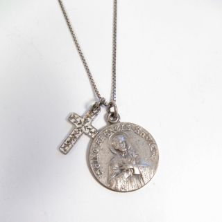 Vintage Religious Sterling Silver Cross St Francis Sevilla Saint Charm Necklace