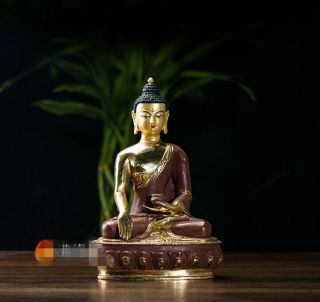 8 " Asian Antique Tibetan Buddhism Copper Gilt Hand Painting Sakyamuni Statue