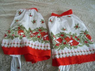 Vintage Linen:2 Christmas Half Aprons Mid Century Modern - Christmas Bells & Holly