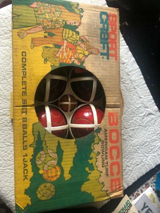 Vintage Sportcraft Bocce Ball Set Made In Italy - 8 Balls,  1 Pallino Carrier