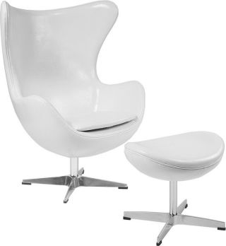 Melrose White Leather Egg Chair With Tilt - Lock Mechanism And Ottoman