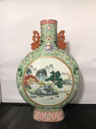 Fine Antique Chinese Famille Rose Green Ground Moon Flask Qing Dynasty