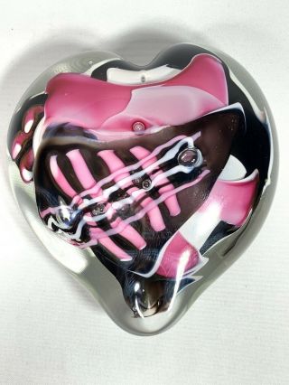 Vintage 1987 Signed Schmidt Rhea Pink & Black Heart Art Glass Paperweight Euc