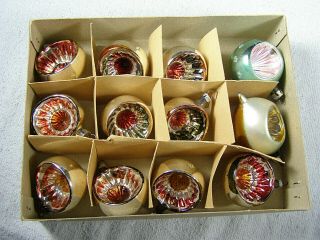 12 Vintage Indented Glass Christmas Tree Ornaments - Silver & Red