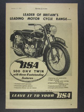 1949 Bsa 500 Ohv Twin Motorcycle Illustration Art Vintage Print Ad
