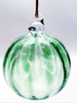 Vintage Hand Blown Art Glass Green And Clear Christmas Ornament Ball