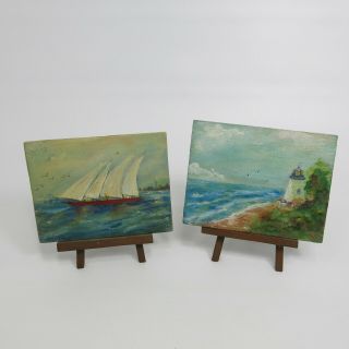 2 Vintage Oil Nautical Paintings Boat At Sea Lighthouse Oceanside 4 " X 5 " Easels