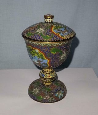 Fine Quality Antique Chinese Cloisonne Goblet/cup & Cover With Pictorial Panels