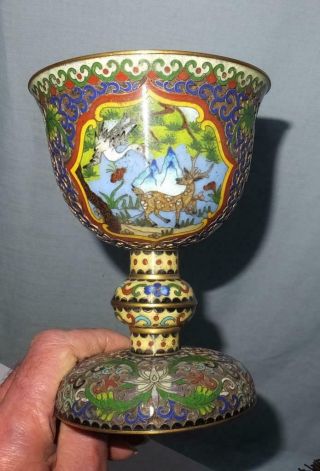 FINE QUALITY ANTIQUE CHINESE CLOISONNE GOBLET/CUP & COVER with PICTORIAL PANELS 3