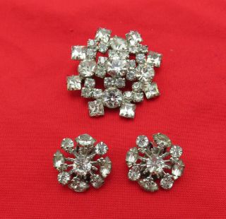 Vintage Brooch Pin Clip On Earrings Clear Crystal Rhinestones Prong Set 319k