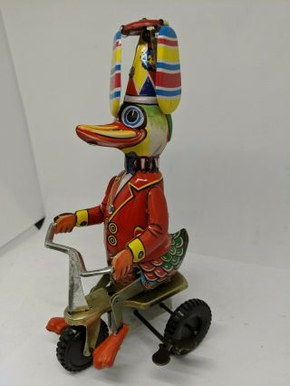 Vintage/antique Tin Wind Up Toy Duck Riding Tricycle Bike,  W/ Key & Box
