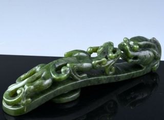 Fine Large Chinese Carved Spinach Jade Dragon Figural Belt Hook