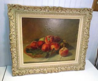 Vintage Antique Framed French Oil On Canvas Painting Still Life Fruit Peaches