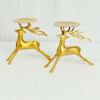 Vintage Brass Reindeer Candle Holder Set Made In India Buck Christmas Holiday