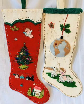 2 Vintage Handmade Felt Christmas Stocking Sequins Beaded Train Set Sheep 19”