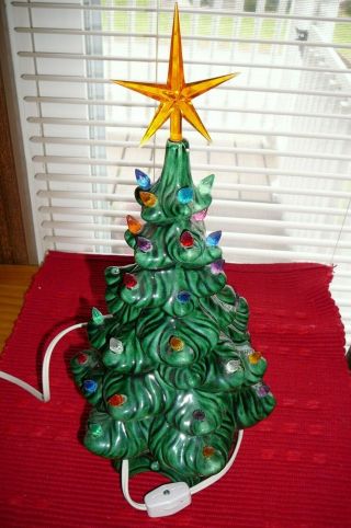 11 1/2 " Vtg Green Ceramic Christmas Tree Multi Color Lights Gold Star 1 Pc