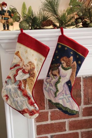 2 Vintage Wool Needlepoint Christmas Angel Stockings By Imperial Elegance 17 "