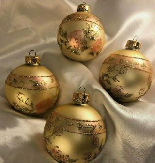 Krebs Victorian Roses Gold Glitter Detail Glass Ball Ornaments Set Of 4 - Vintage