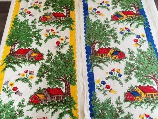 Euc Pair Vtg 50s/60s Country Scene Floral Kitchen Towels Cotton Scalloped Trees