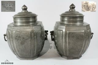 Pair Antique Chinese Changsha Pewter Tea Caddies