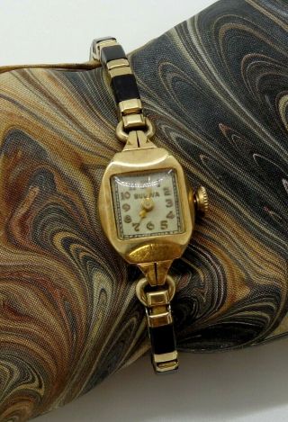 Vintage Antique Ladies Bulova Art Deco Wrist Watch 10k Gold & Onyx (running)