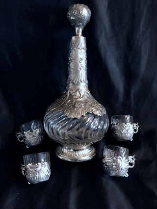 Antique French Silver & Baccarat Glass Liquor Set By Tiffany & Co Marked.