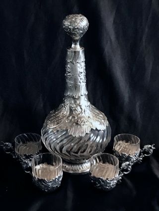 ANTIQUE FRENCH SILVER & BACCARAT GLASS LIQUOR SET BY TIFFANY & CO MARKED. 2