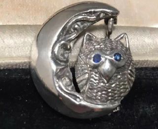 Vintage Jewellery Adorable Sterling Silver Owl In Crescent Moon Brooch