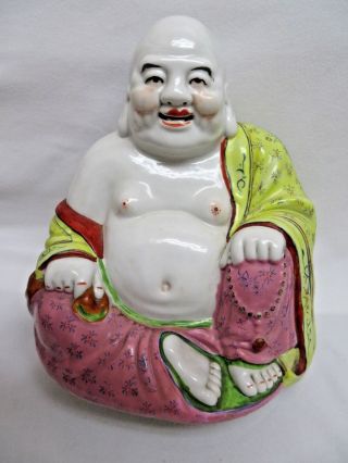 Vintage Chinese Porcelain Happy Buddha Statue Figurine,  Marked,  11 "
