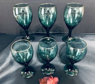 Vintage Libbey Teal Green Wine /water Goblet Glasses With Gold Rim Edge 7 " Set 6