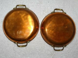 2 Vintage Copper Au Gratin Pans,  Brass Handles,  6 1/2 " Across